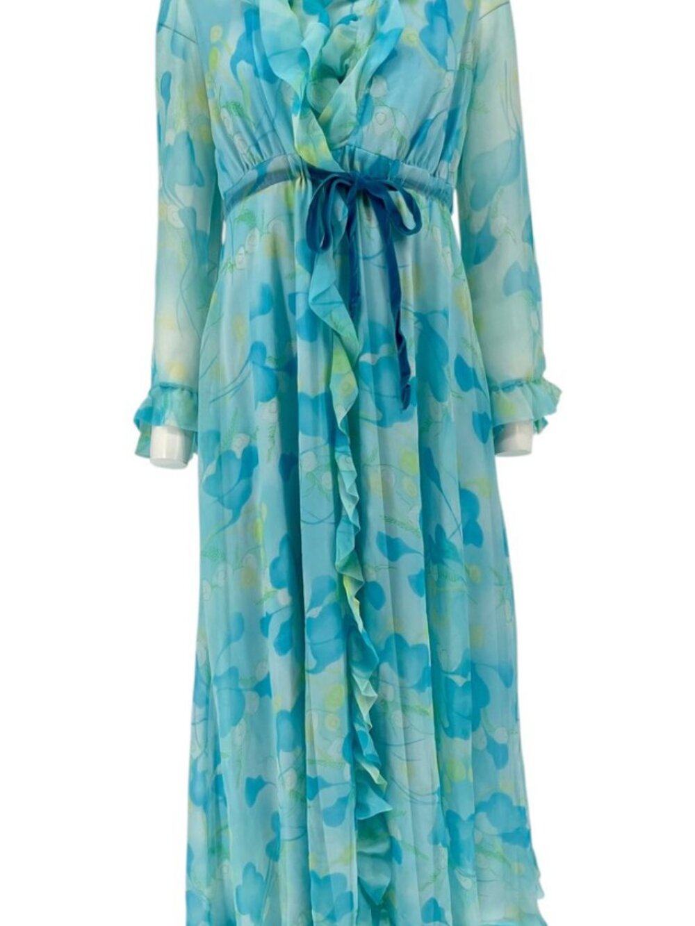 VTG Odette Barsa Aqua Floral Chiffon Peignoir Set Robe Gown Ruffle Lounge Set